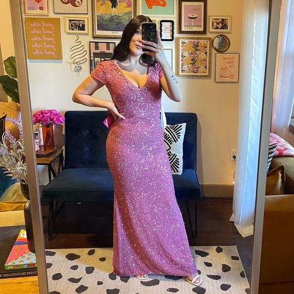 NEW Carmen Marc Valvo Pink Sequin Mermaid Gown - Picture 9 of 14